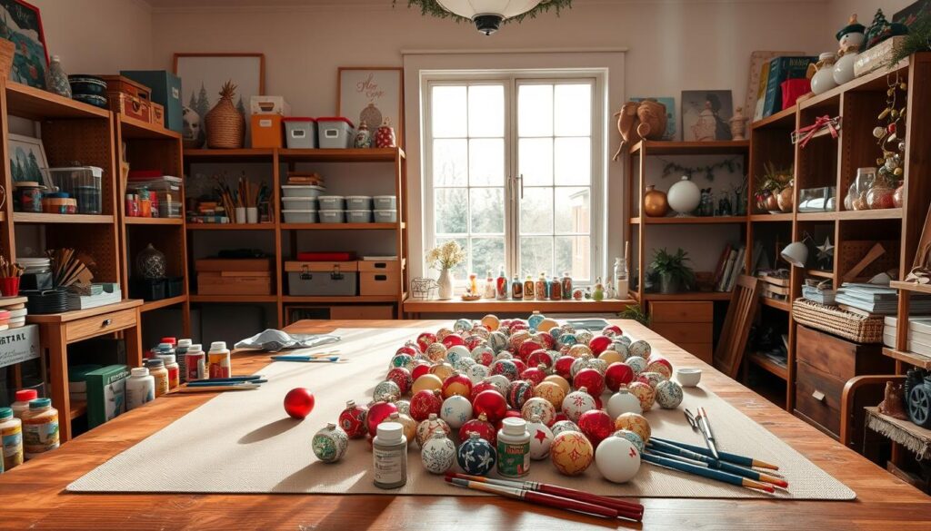 A well-lit, cozy workspace setup for painting and decorating Christmas ornaments. In the foreground, a large, wooden table is covered with a protective mat, surrounded by an array of acrylic paints, brushes, and an assortment of glass and ceramic ornaments in various shapes and sizes. In the middle ground, a large window allows natural light to flood the space, casting a warm glow on the work area. On the shelves behind the table, there are neatly organized storage containers, tools, and inspiration pieces like holiday-themed art prints and ornament samples. The overall atmosphere is one of focused creativity and festive, seasonal cheer.