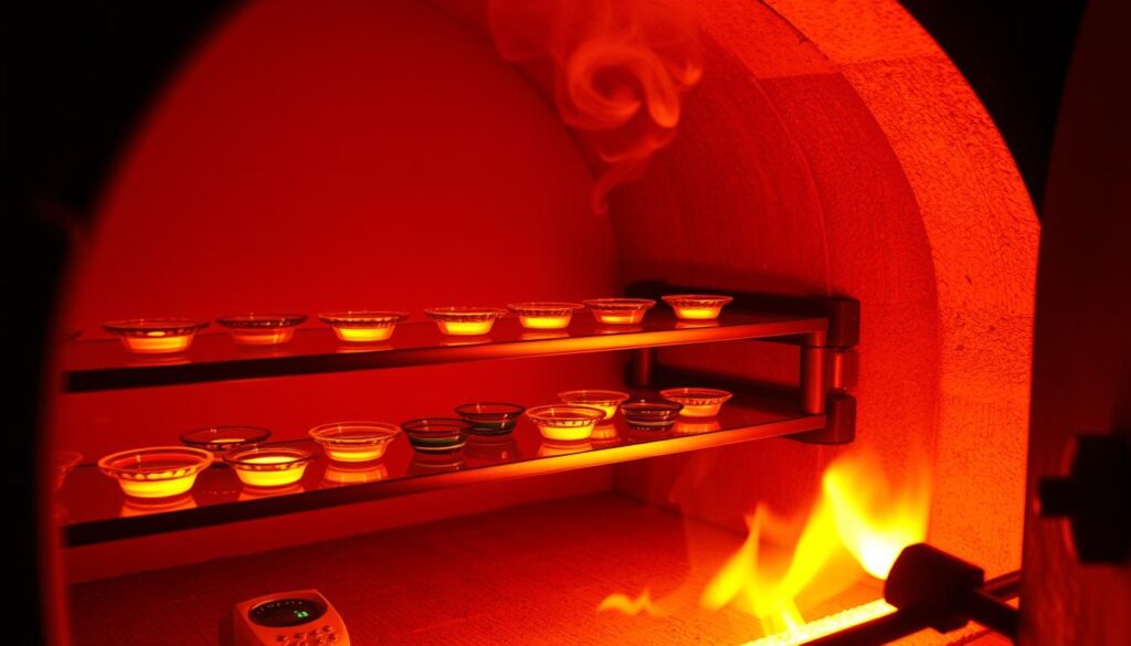 A well-lit glass kiln, its interior aglow with intense heat, casting a warm, amber-hued illumination across the chamber. Delicate glass pieces, coated in vibrant enamels, carefully arranged on refractory shelves, undergoing the meticulous kiln curing process. Flames licking the walls, temperature gauges monitoring the precise conditions, ensuring the perfect firing to fuse the paint and glass. Subtle wisps of steam or smoke curl upwards, visible through the partially open kiln door, hinting at the transformative alchemy taking place within. The scene evokes a sense of controlled, methodical craftsmanship, where art and science converge to create durable, long-lasting glass masterpieces.