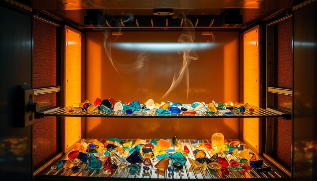 A well-lit glass studio, with a large, industrial-grade kiln in the center. Various glass pieces of different colors and COE (Coefficient of Expansion) values - 90 and 96 - are carefully arranged on the kiln's shelves. The glass fragments create a mesmerizing mosaic, reflecting the warm glow of the kiln's interior. Delicate wisps of smoke curl upwards, hinting at the precise temperature control required for successful COE mixing. The scene exudes a sense of scientific experimentation and artistic exploration, capturing the process of combining different glass types to achieve desired visual and functional outcomes.