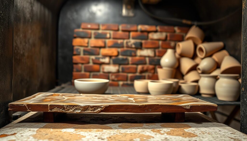 A well-lit, high-resolution image depicting common kiln problems. In the foreground, a damaged kiln shelf with cracks and uneven glazing. In the middle ground, a kiln interior with warped bricks and discolored heating elements. In the background, an overloaded kiln with misshapen ceramic pieces. The scene is captured from a slightly elevated angle, showcasing the technical details of the kiln's inner workings. The mood is one of close inspection, highlighting the importance of maintaining proper kiln function to avoid issues like these.
