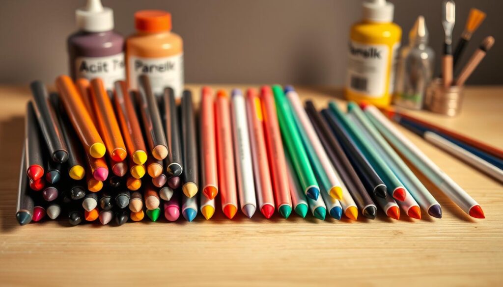 A well-lit, high-resolution still life of various paint pens and markers arranged neatly on a clean, wooden surface. In the foreground, an assortment of colorful paint pens with diverse nib sizes and ink hues, their barrels reflecting the warm studio lighting. In the middle ground, a set of slim-tipped markers in an array of vibrant, pastel shades. In the background, a few bottles of fluid acrylic paint and a few small, specialty brushes complement the art supplies. The composition is balanced, with a sense of order and organization, inviting the viewer to explore the essential tools for creative expression. A well-lit, high-resolution still life of various paint pens and markers arranged neatly on a clean, wooden surface. In the foreground, an assortment of colorful paint pens with diverse nib sizes and ink hues, their barrels reflecting the warm studio lighting. In the middle ground, a set of slim-tipped markers in an array of vibrant, pastel shades. In the background, a few bottles of fluid acrylic paint and a few small, specialty brushes complement the art supplies. The composition is balanced, with a sense of order and organization, inviting the viewer to explore the essential tools for creative expression.