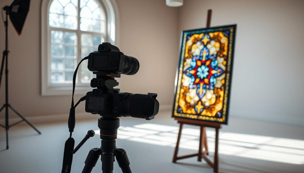 A well-lit photography studio with a stained glass panel positioned on a sturdy easel. Diffused natural light from a large window illuminates the intricate patterns and vibrant colors of the glass, casting a warm, ethereal glow throughout the space. A professional-grade DSLR camera mounted on a tripod is focused on the stained glass, capturing its delicate details and mesmerizing reflections. The camera's settings are optimized for low-light conditions, using a wide aperture and a moderate shutter speed to ensure a crisp, high-quality image. The background is a clean, neutral-toned backdrop, allowing the stained glass to be the undisputed star of the shot. A well-lit photography studio with a stained glass panel positioned on a sturdy easel. Diffused natural light from a large window illuminates the intricate patterns and vibrant colors of the glass, casting a warm, ethereal glow throughout the space. A professional-grade DSLR camera mounted on a tripod is focused on the stained glass, capturing its delicate details and mesmerizing reflections. The camera's settings are optimized for low-light conditions, using a wide aperture and a moderate shutter speed to ensure a crisp, high-quality image. The background is a clean, neutral-toned backdrop, allowing the stained glass to be the undisputed star of the shot.
