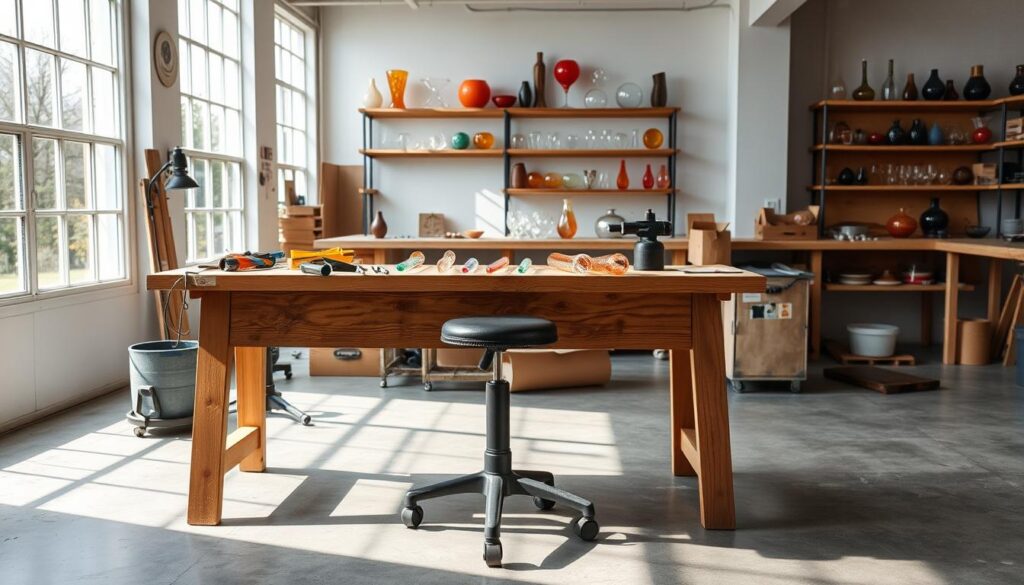 A well-lit, spacious glassblowing studio with large windows flooding the space with natural light. In the foreground, a sturdy wooden workbench is adorned with an array of specialized tools - pliers, scissors, calipers, and a small gas-powered torch. On the bench, several glass rods and stringers of various colors are neatly organized. The middle ground features a large, adjustable stool positioned in front of the workbench, allowing the artist to comfortably sit and manipulate the glass. In the background, shelves hold an assortment of finished pieces, casting subtle reflections on the polished concrete floor. The overall atmosphere is one of focused creativity, with a balance of order and the potential for intricate, delicate work.