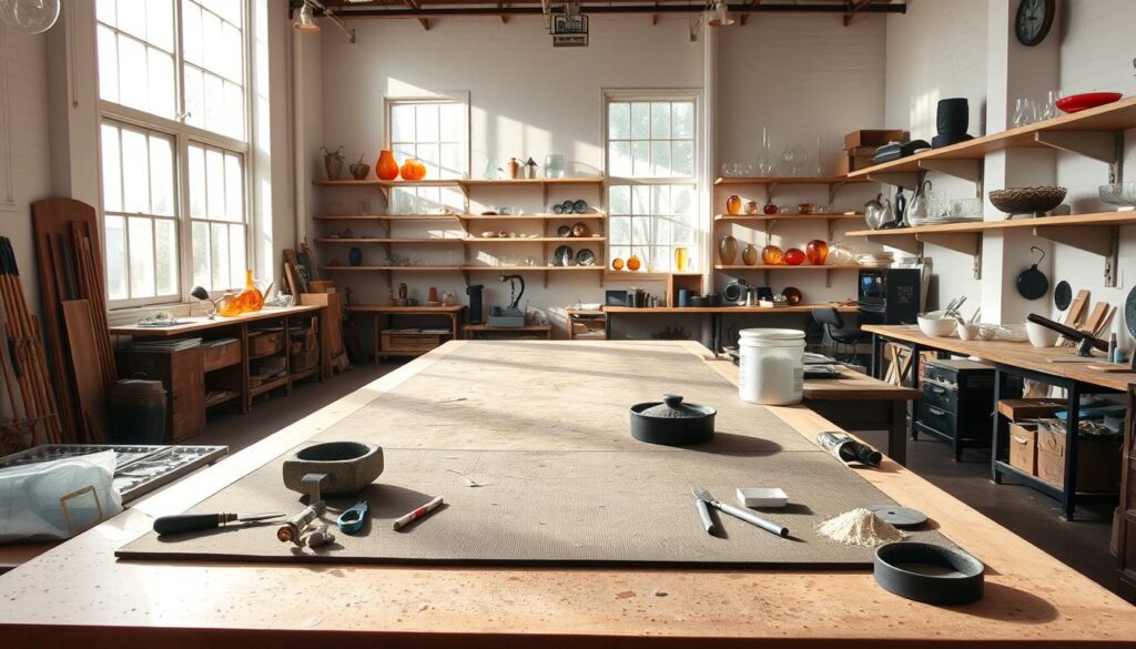 A well-lit, spacious studio with a large workbench at the center. The surface is covered in a protective mat, flanked by various tools and materials - glass cutters, pliers, molds, and powdered glass. Sunlight streams in through large windows, casting a warm glow over the scene. In the background, shelves hold an assortment of finished glass art pieces, casting delicate shadows. The atmosphere is one of focused, meticulous preparation, a sense of anticipation as the artist prepares to shape molten glass into their next masterpiece.