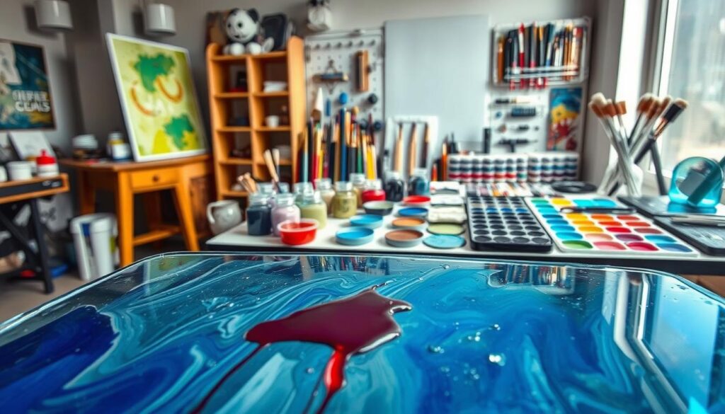 A well-lit studio showcasing various glass painting mistakes to avoid. In the foreground, a close-up view of a glass surface with uneven brushstrokes, dripping paint, and unclean edges. In the middle ground, a collection of improperly mixed colors and textured glass pieces with bubbles and cracks. The background features a neatly organized array of high-quality painting tools, brushes, and color palettes, suggesting the contrast between poor and proper techniques. The overall scene conveys a sense of education and guidance, inviting the viewer to learn from these common pitfalls and achieve stunning, long-lasting glass paintings. A well-lit studio showcasing various glass painting mistakes to avoid. In the foreground, a close-up view of a glass surface with uneven brushstrokes, dripping paint, and unclean edges. In the middle ground, a collection of improperly mixed colors and textured glass pieces with bubbles and cracks. The background features a neatly organized array of high-quality painting tools, brushes, and color palettes, suggesting the contrast between poor and proper techniques. The overall scene conveys a sense of education and guidance, inviting the viewer to learn from these common pitfalls and achieve stunning, long-lasting glass paintings.