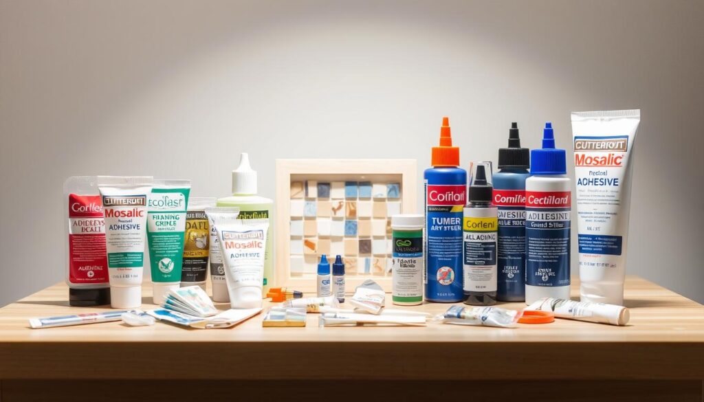 A well-lit tabletop display showcasing various types of mosaic adhesives. In the foreground, an assortment of adhesive tubes, bottles, and tubs in different colors and textures, arranged neatly. In the middle ground, a selection of mosaic tiles and pieces, hinting at the adhesive's application. The background features a clean, minimalist backdrop, allowing the products to take center stage. The lighting is soft and diffused, highlighting the sheen and viscosity of the adhesives. The overall scene conveys a sense of professionalism and expertise, suitable for illustrating the "Working with Adhesive" section of the mosaic picture frame tutorial.