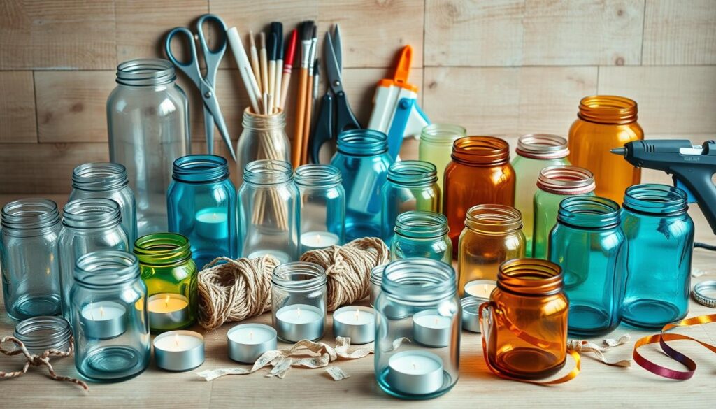 A well-lit tabletop scene showcasing an assortment of DIY glass jar lantern supplies. In the foreground, an arrangement of various sized glass jars, some clear, others in vibrant hues of blue, green, and amber. Scattered amidst the jars are tealight candles, twine, and decorative ribbons. In the middle ground, a selection of tools including scissors, paintbrushes, and a glue gun. The background features a wooden surface with a slightly weathered texture, providing a rustic, homemade feel. Soft, natural lighting illuminates the scene, casting gentle shadows and highlighting the transparency of the glass jars. A well-lit tabletop scene showcasing an assortment of DIY glass jar lantern supplies. In the foreground, an arrangement of various sized glass jars, some clear, others in vibrant hues of blue, green, and amber. Scattered amidst the jars are tealight candles, twine, and decorative ribbons. In the middle ground, a selection of tools including scissors, paintbrushes, and a glue gun. The background features a wooden surface with a slightly weathered texture, providing a rustic, homemade feel. Soft, natural lighting illuminates the scene, casting gentle shadows and highlighting the transparency of the glass jars.