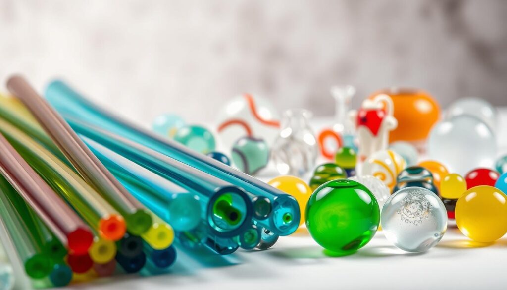 A well-lit, visually striking display of various types of glass used in the art of lampworking. In the foreground, an assortment of colorful, translucent glass rods, including borosilicate, soda-lime, and lead crystal, arranged in an orderly fashion. In the middle ground, a selection of intricate, handcrafted glass beads and mini sculptures, showcasing the versatility and creative potential of these materials. The background features a softly blurred, neutral-toned backdrop, allowing the vibrant glass pieces to take center stage. The overall composition is balanced, with a sense of depth and attention to detail, capturing the essence of the diverse range of glass used in the captivating craft of lampworking.