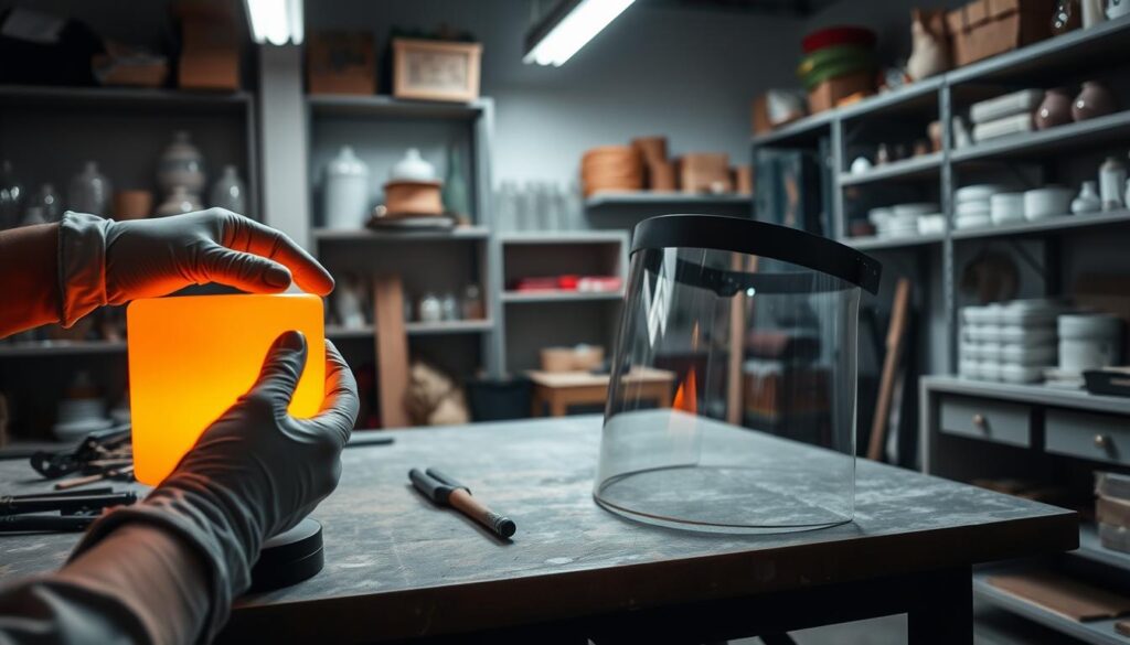 A well-lit workshop scene, showcasing the safety precautions in glass casting. In the foreground, a gloved hand carefully handling a hot glass mold, with a sturdy work table and various tools nearby. In the middle ground, a protective face shield rests on the table, reflecting the bright studio lighting. The background features shelves of carefully organized glass supplies and equipment, creating a sense of order and professionalism. The overall atmosphere conveys the importance of safety measures in the delicate art of pâte de verre. A well-lit workshop scene, showcasing the safety precautions in glass casting. In the foreground, a gloved hand carefully handling a hot glass mold, with a sturdy work table and various tools nearby. In the middle ground, a protective face shield rests on the table, reflecting the bright studio lighting. The background features shelves of carefully organized glass supplies and equipment, creating a sense of order and professionalism. The overall atmosphere conveys the importance of safety measures in the delicate art of pâte de verre.