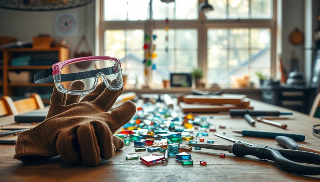 A well-lit workshop table showcases an array of crafting tools and materials for wind chime making. In the foreground, a pair of sturdy safety goggles and thick work gloves stand ready, conveying the importance of protective gear. The middle ground features various glass shards, wire cutters, and a soldering iron, hinting at the intricate process of assembling the chimes. In the background, a large window allows natural light to flood the space, creating a warm and inviting atmosphere for the creative endeavor. The overall scene promotes a sense of safety, attention to detail, and a passion for the artful craft of stained glass wind chime creation.