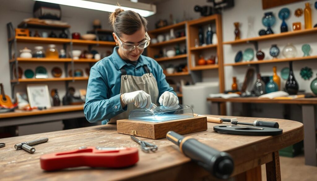 A well-lit workspace with a sturdy workbench and glass cutting tools in the foreground. In the middle ground, a person wearing protective gear - safety goggles, gloves, and a long-sleeved apron - demonstrating proper cold working techniques on a piece of fused glass. The background features shelves with various finished glass art pieces, conveying a professional glass studio environment. The overall scene exudes an atmosphere of safety, precision, and attention to detail, guiding the viewer through the essential steps of cold working glass.