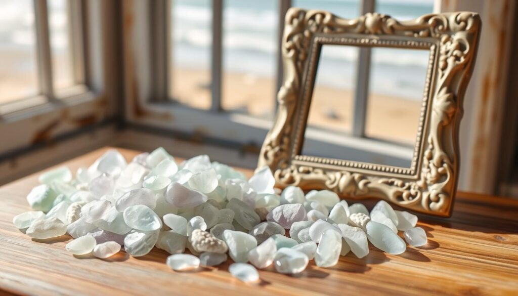 Elegant array of sea glass craft materials in soft, coastal-inspired palette. Foreground features an assortment of tumbled, frosted glass shards in shades of aqua, seafoam, and soft lavender, arranged artfully on a wooden surface. Middle ground showcases an ornate, vintage-style picture frame with intricate detailing, hinting at the final seaside-themed project. Background depicts a blurred, sun-dappled beach scene with gentle waves lapping at the shore, conveying a serene, tranquil atmosphere. Warm, diffused lighting from an unseen window casts a natural, ethereal glow on the still-life composition. Captured with a shallow depth of field to emphasize the tactile, textural qualities of the materials.