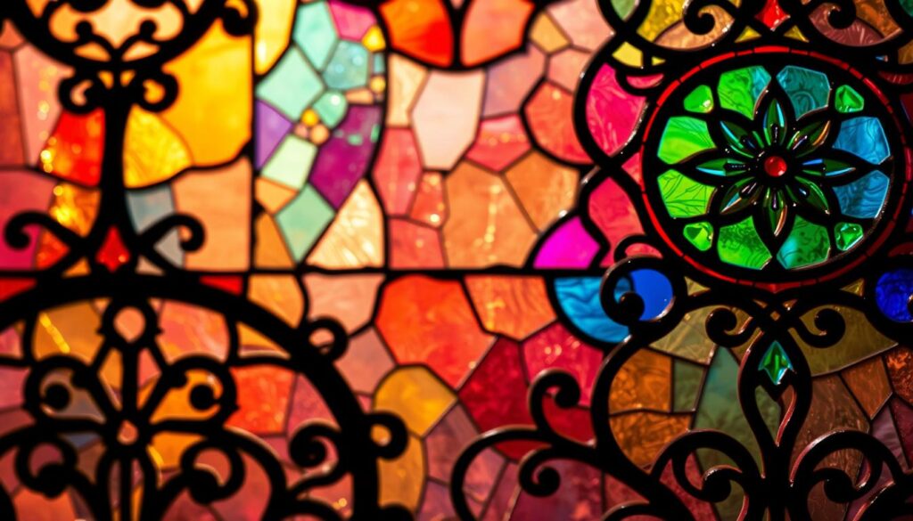 Finely detailed faux stained glass texture, with intricate patterns of vibrant, translucent colors. Soft, warm lighting illuminates the glass, casting a kaleidoscope of hues across the scene. Elegant, medieval-inspired motifs in the foreground, with a tactile, hand-crafted appearance. Delicate lead cames in the middle ground create a sense of depth and dimension. In the background, a subtle, blurred effect suggests the depth and dimensionality of a real stained glass window. Lighting and shading enhance the illusion of depth and materiality, showcasing the expert techniques of faux stained glass creation. Finely detailed faux stained glass texture, with intricate patterns of vibrant, translucent colors. Soft, warm lighting illuminates the glass, casting a kaleidoscope of hues across the scene. Elegant, medieval-inspired motifs in the foreground, with a tactile, hand-crafted appearance. Delicate lead cames in the middle ground create a sense of depth and dimension. In the background, a subtle, blurred effect suggests the depth and dimensionality of a real stained glass window. Lighting and shading enhance the illusion of depth and materiality, showcasing the expert techniques of faux stained glass creation.