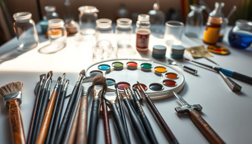 Highly detailed, realistic still life photography of an assortment of glass painting tools arranged on a clean, well-lit studio tabletop. In the foreground, an array of high-quality brushes with various bristle shapes and sizes, including fine detail, wide, and angled brushes. In the middle ground, an open glass palette with vibrant enamel paint colors, a glass muller, and a glass scraper. In the background, a collection of glass jars, a bottle of glass medium, and a few pieces of stained or frosted glass art. Warm, directional lighting from the left casts dramatic shadows, highlighting the translucent and reflective properties of the glass materials. Crisp focus and shallow depth of field draws the viewer's attention to the key tools needed for a professional glass painting finish. Highly detailed, realistic still life photography of an assortment of glass painting tools arranged on a clean, well-lit studio tabletop. In the foreground, an array of high-quality brushes with various bristle shapes and sizes, including fine detail, wide, and angled brushes. In the middle ground, an open glass palette with vibrant enamel paint colors, a glass muller, and a glass scraper. In the background, a collection of glass jars, a bottle of glass medium, and a few pieces of stained or frosted glass art. Warm, directional lighting from the left casts dramatic shadows, highlighting the translucent and reflective properties of the glass materials. Crisp focus and shallow depth of field draws the viewer's attention to the key tools needed for a professional glass painting finish.