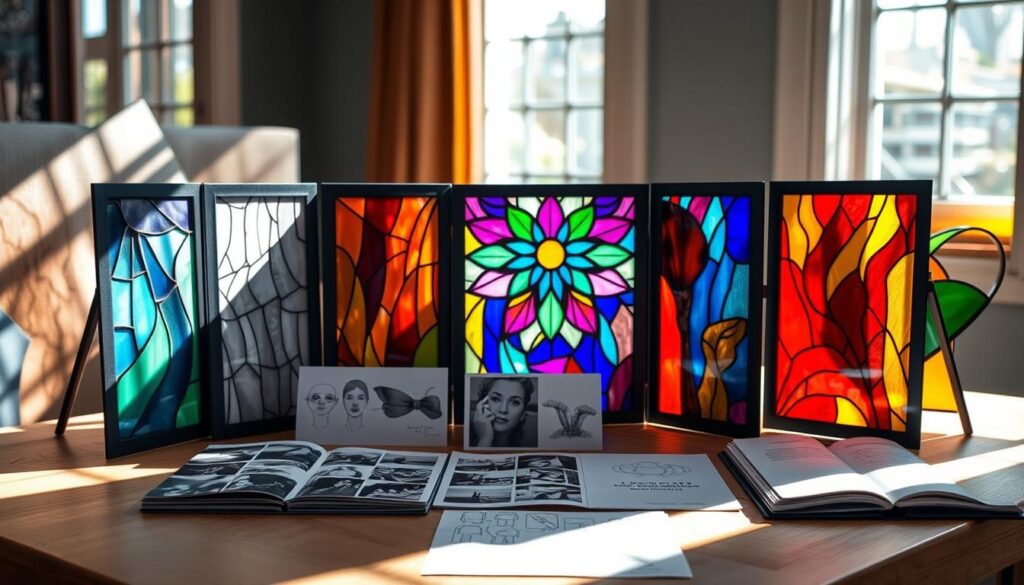 Stained glass portfolio organization: A meticulously arranged display of colorful glass panels, each showcasing a unique commission. The foreground features a trifold presentation stand, its sleek black frame complementing the vibrant hues of the stained glass pieces. Diffused natural light filters through the translucent panels, casting mesmerizing patterns on the surrounding surfaces. In the middle ground, a carefully curated selection of photographs and design sketches provide additional context, highlighting the artistic process. The background subtly blurs, drawing the viewer's focus to the captivating stained glass centerpiece - a visually striking representation of the artist's skill and creativity.