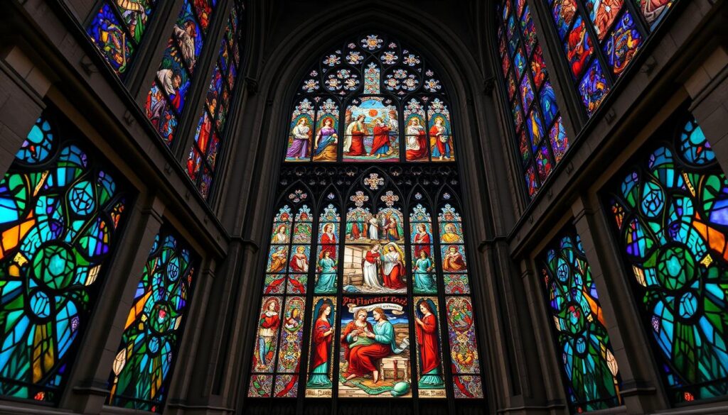 Stained glass university commission example - a stunning masterpiece adorning the façade of a grand, historic university building. In the foreground, intricate patterns of vibrant hues dance across the glass, casting kaleidoscopic reflections onto the surrounding stone. The middle ground features a detailed, multi-paneled design depicting scenes of academic achievement and intellectual discovery. In the background, the building's imposing, neo-gothic architecture frames the work, creating a sense of timeless elegance. Soft, diffused lighting from above illuminates the scene, lending a warm, reverential atmosphere. Captured through a wide-angle lens, the image showcases the sheer scale and grandeur of this commissioned stained glass work, a true testament to the skill and artistry of the stained glass artist.