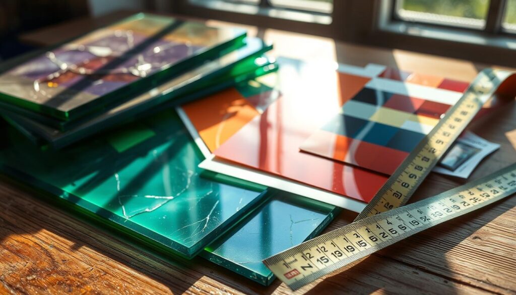 a detailed close-up view of stained glass materials, including a stack of glass sheets, color swatches, and a tape measure showing the measurements in feet and inches. The materials are arranged on a wooden surface with natural lighting from a window, casting soft shadows. The composition emphasizes the textures, colors, and precise measurements of the stained glass components, conveying a sense of craftsmanship and attention to detail. The mood is one of precision, creativity, and the thoughtful consideration of material costs per square foot for a stained glass project. a detailed close-up view of stained glass materials, including a stack of glass sheets, color swatches, and a tape measure showing the measurements in feet and inches. The materials are arranged on a wooden surface with natural lighting from a window, casting soft shadows. The composition emphasizes the textures, colors, and precise measurements of the stained glass components, conveying a sense of craftsmanship and attention to detail. The mood is one of precision, creativity, and the thoughtful consideration of material costs per square foot for a stained glass project.