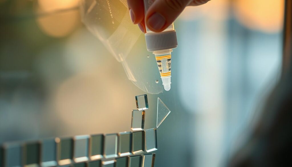 a detailed macro photograph of someone's hands carefully applying clear adhesive to the surface of a glass pane, with the glass pieces to be adhered visible in the foreground. the hands are in focus, with the glass pane slightly blurred in the background. warm, soft lighting illuminates the scene, creating a tranquil, precise atmosphere. the texture of the adhesive and the smooth surface of the glass are clearly visible. the image captures the delicate process of adhering the mosaic pieces to the window pane.
