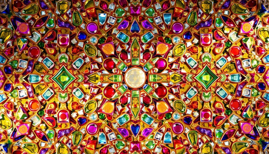 a highly detailed, intricate, and colorful mosaic pattern design, featuring a vibrant array of shimmering glass pieces in various shapes and sizes, arranged in a captivating symmetrical or abstract composition. The pattern should have a visually striking and eye-catching appearance, with a sophisticated, elegant, and harmonious color palette that complements the overall design. The lighting should be soft and diffused, creating a warm and inviting atmosphere, and the perspective should be slightly elevated to showcase the full scope and details of the mosaic pattern. The design should inspire viewers to consider the creative possibilities of crafting their own unique mosaic art pieces for their gardens or home decor.