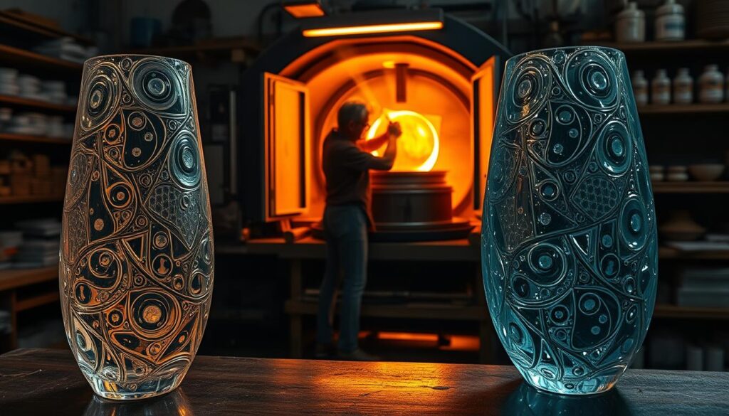 a highly detailed, photorealistic image of a step-by-step kiln-carved glass art technique. the foreground shows a finished glass sculpture, with intricate carved patterns and textures. the middle ground features a glass artist carefully manipulating a piece of hot glass inside a large kiln, using specialized tools. the background depicts the organized workspace of a glass studio, with shelves of materials, tools, and completed artworks. the lighting is warm and dramatic, casting shadows and highlights that accentuate the textures and forms of the glass. the overall scene conveys the skill, precision, and artistry involved in the kiln-carved glass technique.